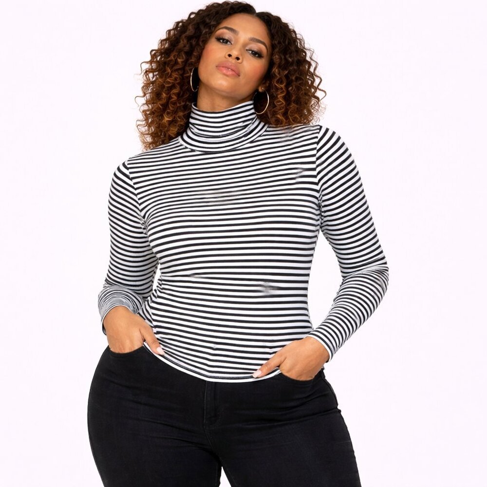 Women’s Black & White Striped Turtleneck Top – Size Medium